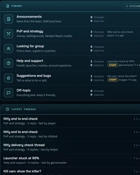 The Evervale forums page with its categories and latest threads.