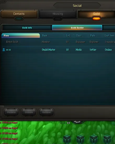 The in-game Social window on the Guild Roster tab, listing guild members with rank, level, class, path and last seen.