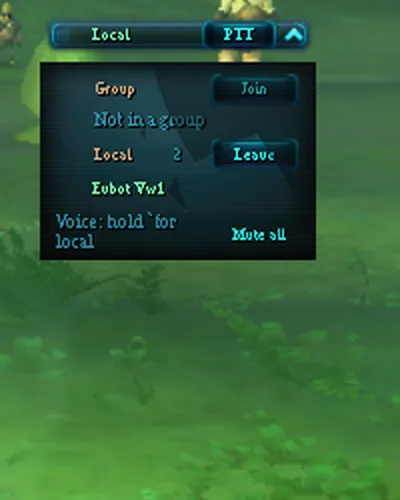 The in-game voice widget open over the minimap, with Group and Local channels and a teammate listed.