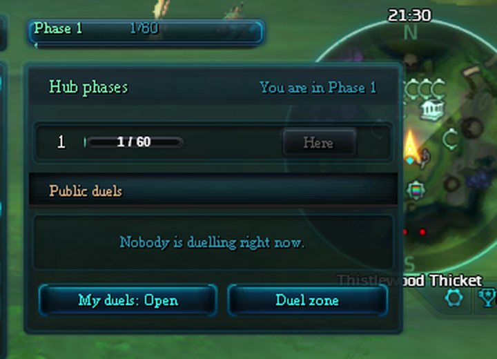 The in-game hub phases and public duels window.