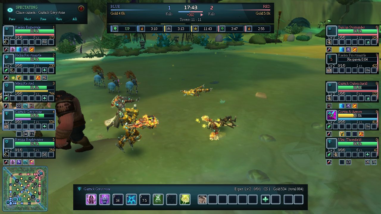 The spectator view of a Verdant Reach match: team frames down both sides, a match clock at the top and a free camera.